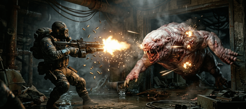 Action-packed gameplay screenshot of a Spartan Ranger firing at a mutated beast in a dark Metro 2039 environment.
