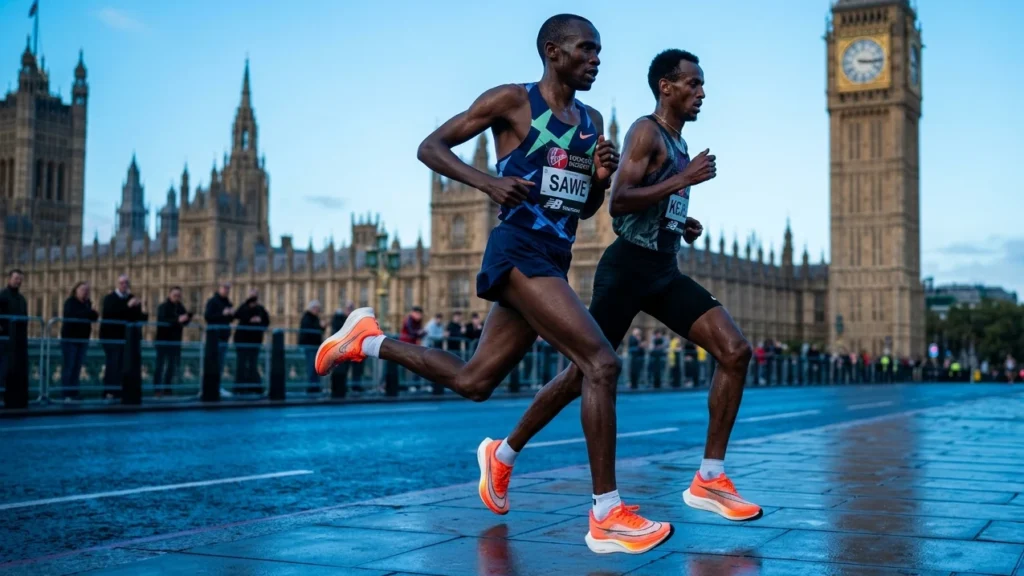 Sabastian Sawe and Yomif Kejelcha racing side-by-side near Big Ben during the historic 2026 London Marathon.