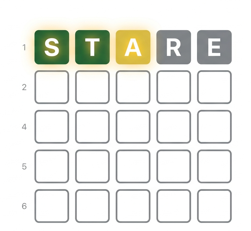 A clean Wordle grid screenshot showing 'STARE' as the first guess with a mix of green and yellow letters, illustrating effective opening strategy.