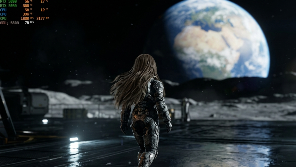 A high-quality in-game screenshot from Pragmata on PC demonstrating Path Tracing technology on the character Diana and lunar base reflections.