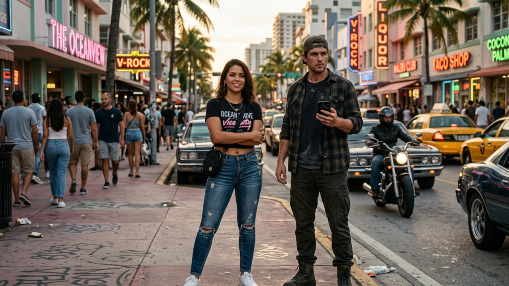 GTA 6 Dual Protagonists Lucia and Jason Standing on a Vice City Street