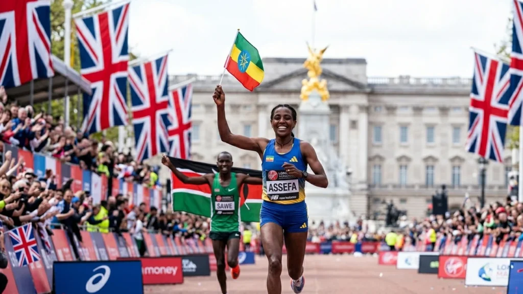 Ethiopia's Tigst Assefa celebrating her victory at the 2026 London Marathon with the crowd cheering in the background.
