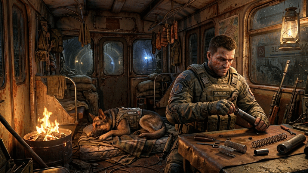 A gritty and detailed safe house inside a train carriage where a survivor is cleaning a weapon in Metro 2039.