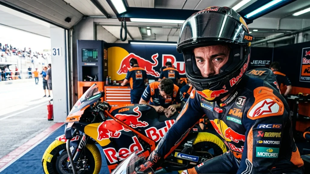 Pedro Acosta focusing inside the KTM garage during the 2026 MotoGP Spanish GP weekend