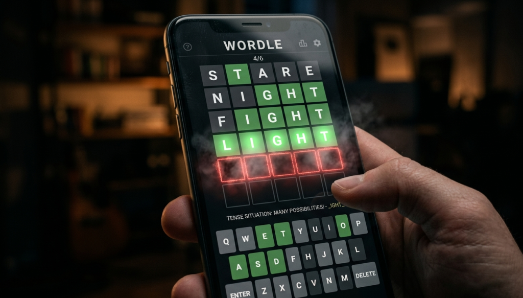 Close-up of a Wordle grid trapped on row 4 with 'LIGHT' partially solved in green, highlighting a classic 'Trap Word' scenario requiring a hint.