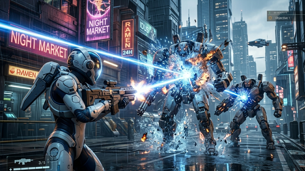 Intense action gameplay scene from Pragmata PC showing high-performance combat with explosive particle effects against IDUS robots.