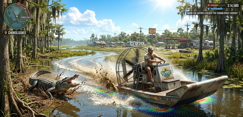 GTA 6 Gameplay Concept: Airboat in Leonida Swamps with Alligator