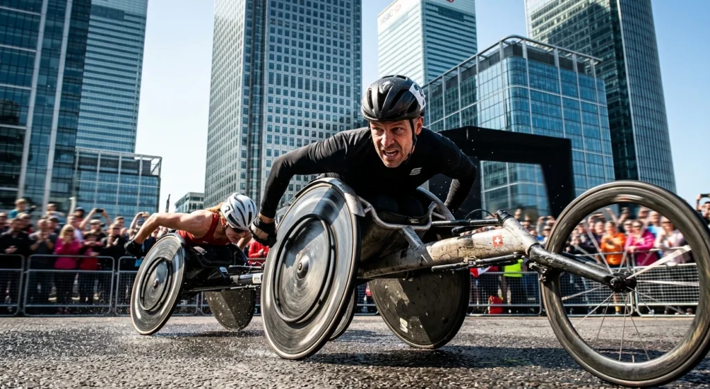Marcel Hug and Catherine Debrunner competing in the elite wheelchair race at the London Marathon 2026.