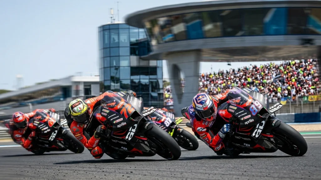 MotoGP Championship leaders Marco Bezzecchi and Jorge Martín on Aprilia bikes racing at Jerez 2026.
