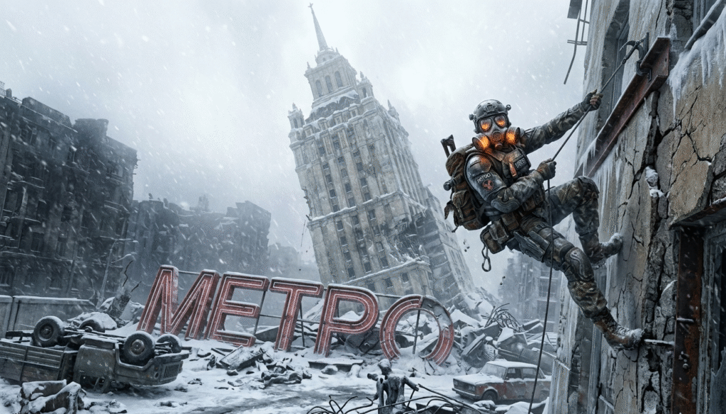 A survivor climbing a ruined building in snowy Moscow with the iconic Metro sign visible in the foreground.
