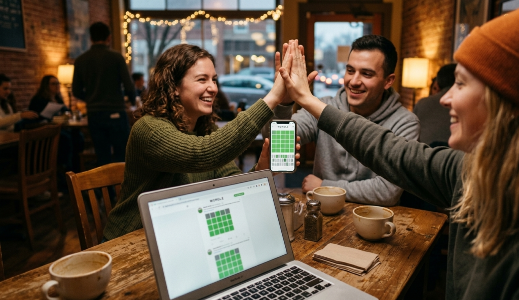 Friends gathered in a cafe collaborating and smiling after solving a daily Wordle, symbolizing the social aspect of sharing hints.