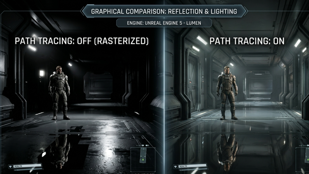 A Pragmata graphical settings comparison image showing the difference between Path Tracing ON and Path Tracing OFF (Rasterized lighting) on PC.
