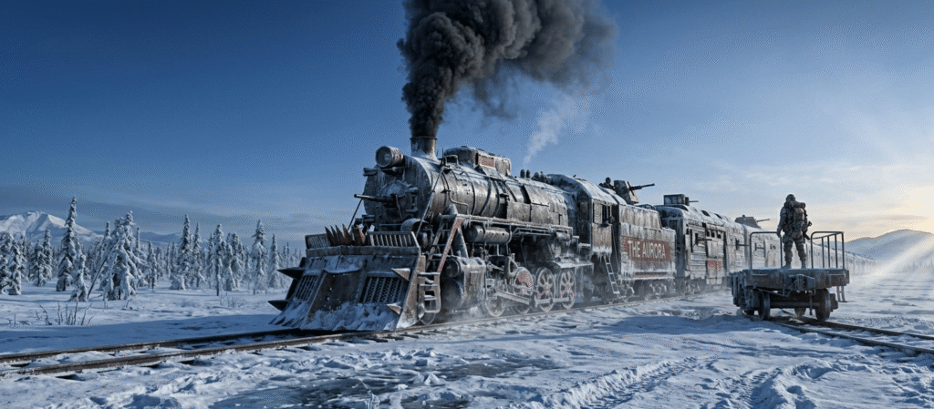The Aurora train moving through a vast, frozen wasteland in a cinematic scene from Metro 2039.