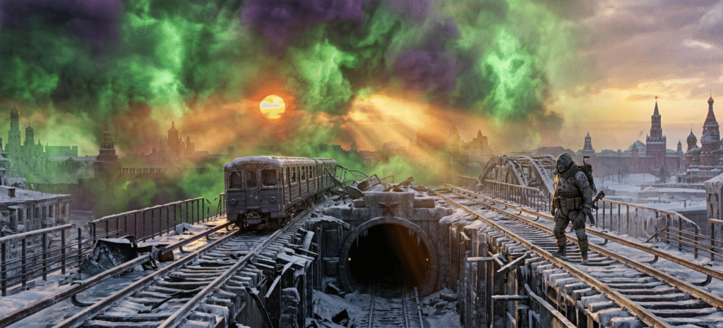 A wide-angle shot of a Spartan Ranger on a destroyed bridge under a toxic green radioactive sky in Metro 2039.