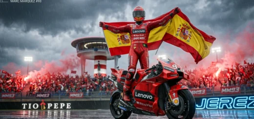 Marc Marquez celebrating MotoGP Spanish Grand Prix 2026 victory on Ducati GP26 at Jerez.