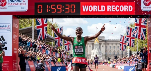 Kenyan runner Sabastian Sawe crossing the London Marathon 2026 finish line with a world record time of 1:59:30 on the clock.
