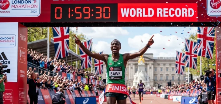 Kenyan runner Sabastian Sawe crossing the London Marathon 2026 finish line with a world record time of 1:59:30 on the clock.
